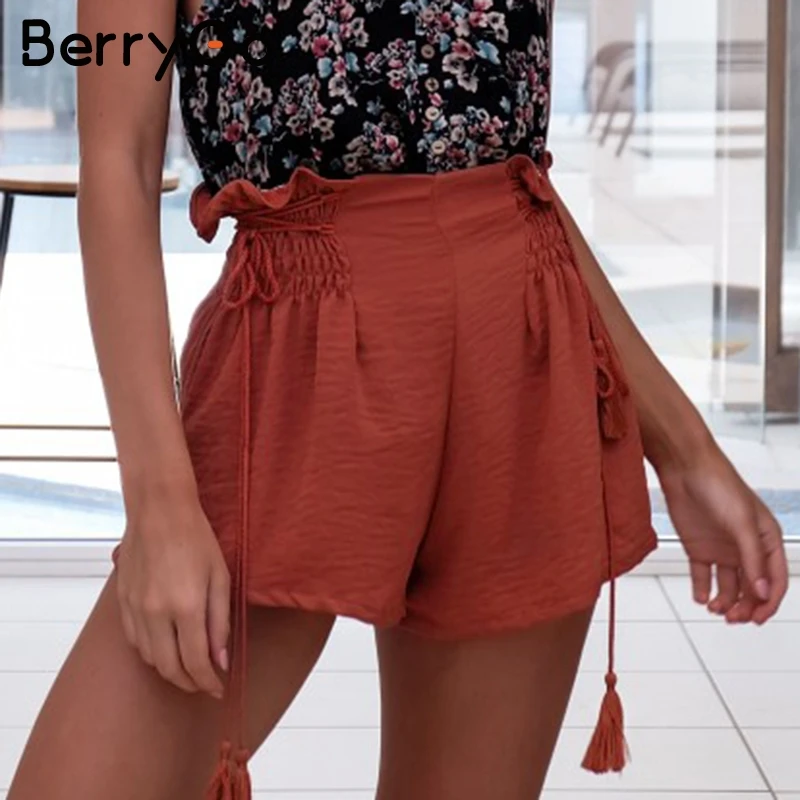 BerryGo Tassel lace up wide leg shorts Women casual ruffles loose black