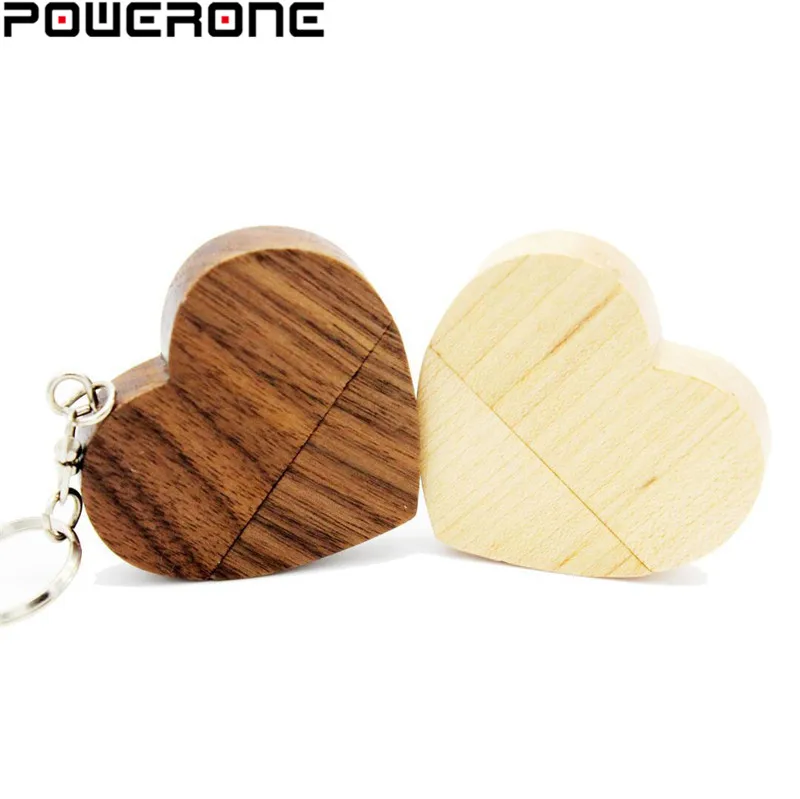 

POWERONE Custom Logo Wooden Heart Usb 2.0 Memory Stick Pen Drive 64gb 16gb 32gb Company Logo customized Wedding photography gift