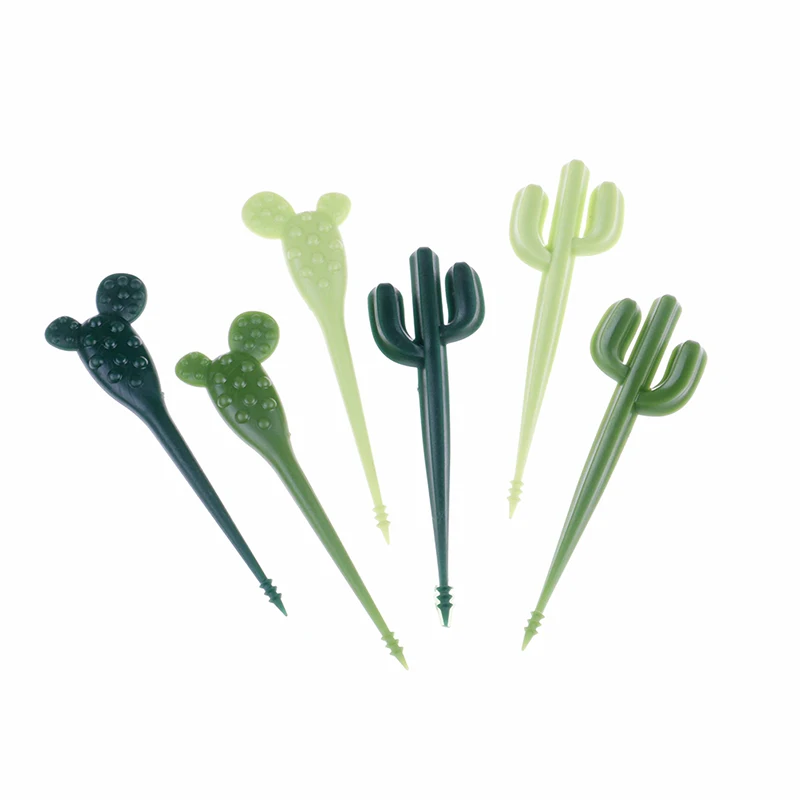 6pcs/pack Fruit Fork Green Cactus Fruit Forks Plastic Toothpick Kids Tableware Food Picks