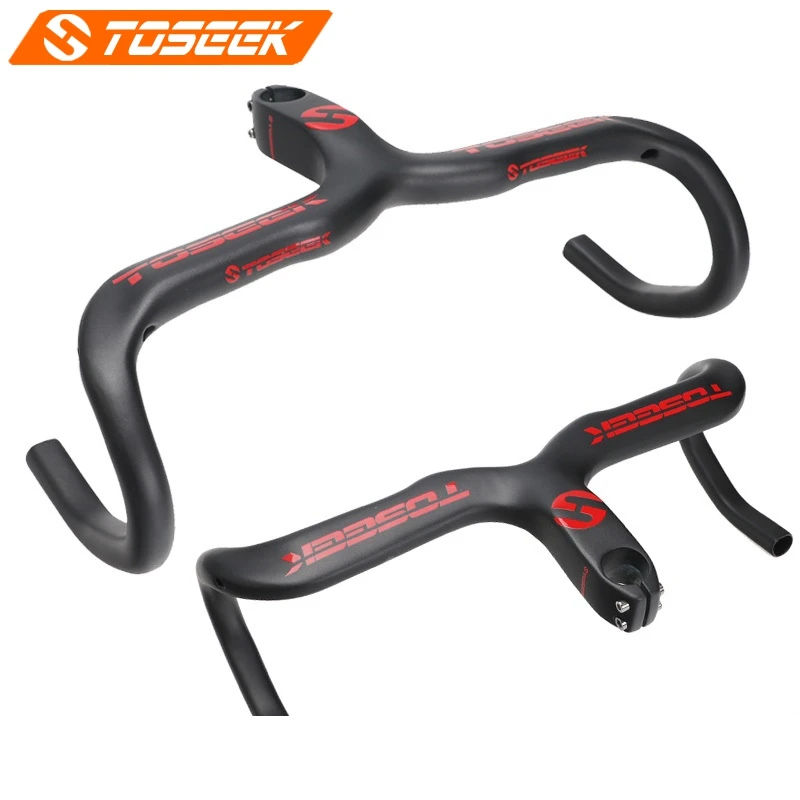 

TOSEEK Red Logo Matte Full UD Carbon AERO Integrated Handlebar With Stem For Road Bike 400/420/440mm X 90/100/110/120mm