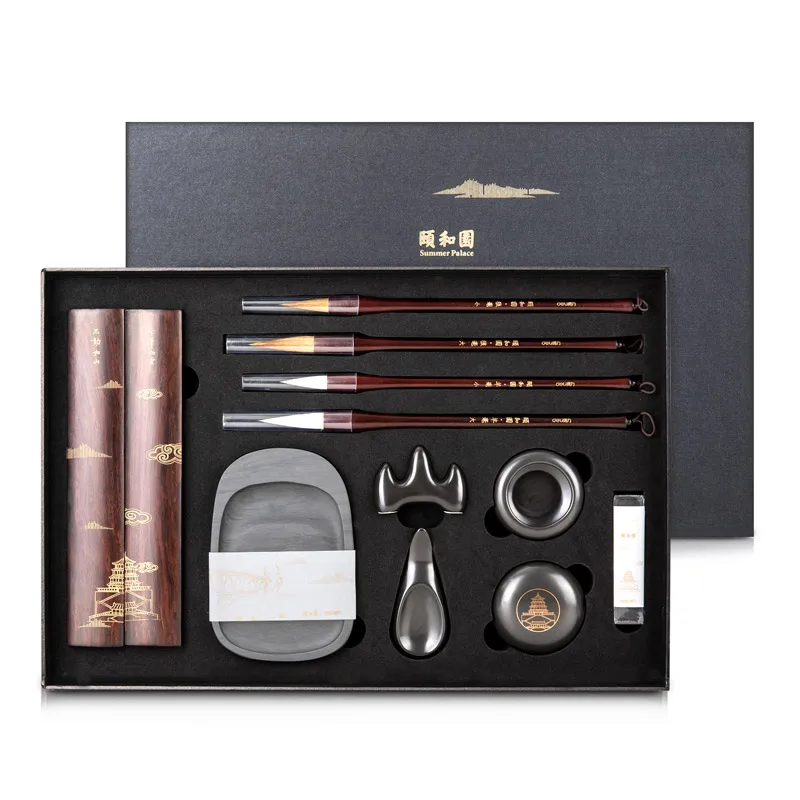 

Deli Chinese Calligraphy Brush Pen Weasel Hair Writing Brush Ink Stone Art for Office School Darwing Supplies Gift Box Set