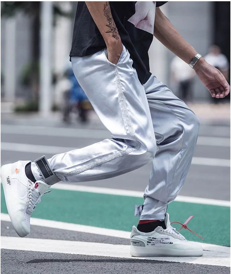 Мужские боковые полосатые шаровары хип хоп повседневные мужские штаны для бега Модные свободные Harajuku уличная Серебристые брюки DS50851