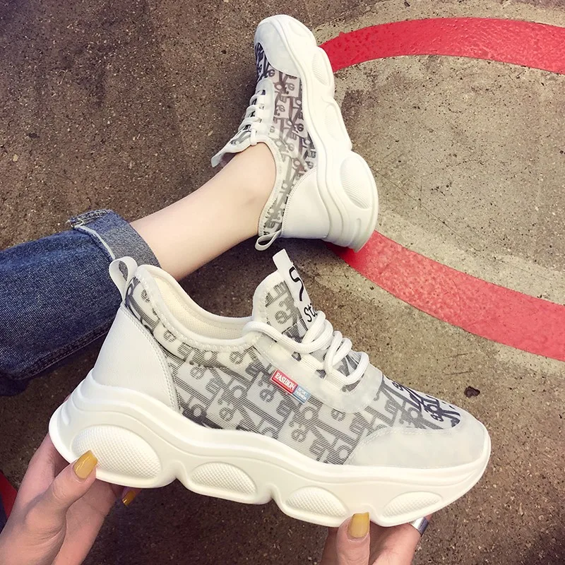 

2019 espadrilles leisure lightweight women sneakers air mesh breathable mixed colors lace-up platform Non Slip Damping shoes