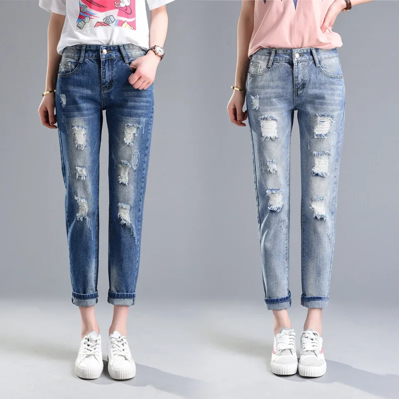 

Spring 2017 Womens Blue Cotton Blend Hole Loose Harem Jeans Bleached Feminina Boyfriend Casual Jeans Women Trousers