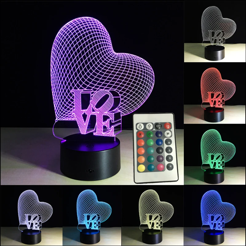 Creative Gifts Heart Lamp 3D Night Light Lampara Led Desk Remote Control 7 Colors Changing Baby Sleeping Nightlight Decor | Лампы и