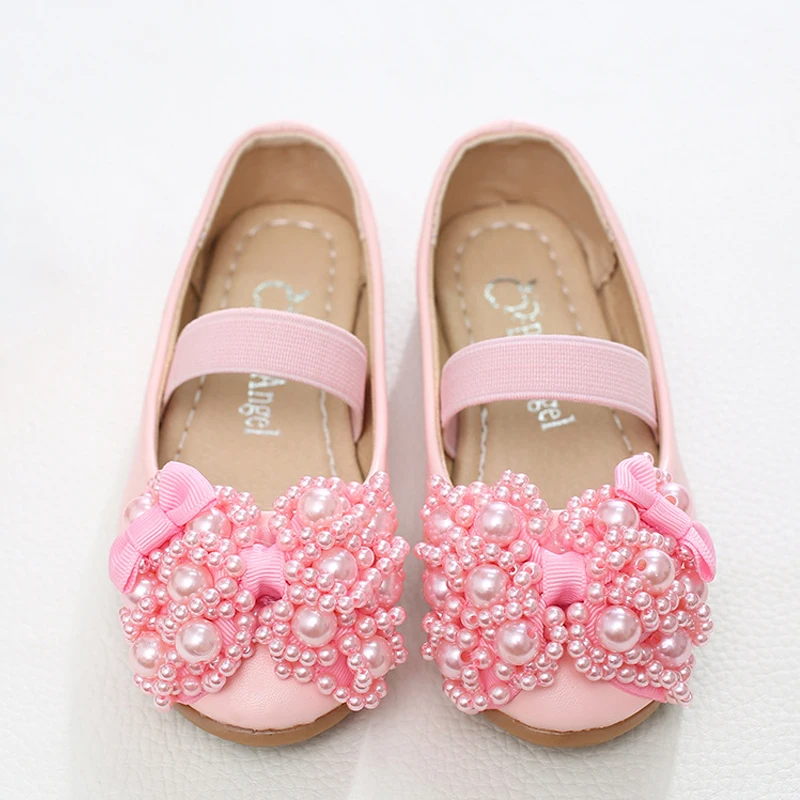 Малышей Обувь для девочек Балетные костюмы цветок из бисера Туфли без каблуков маленьких детский праздничный костюм производительность Pageant Лоферы для женщин большой ребенок свадебная модельная обувь для подружки невесты - Цвет: Розовый