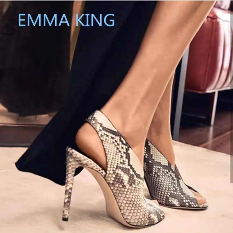 

Deep V Design Snake Prints Women Gladiator Sandals Peep Toe Shallow Ladies Party Shoes Woman Slip On High Heels Pumps Sandals