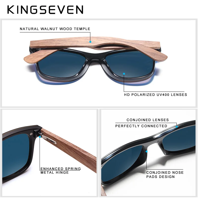 KINGSEVEN Handmade Sunglasses Men Polarized Walnut Wooden Eyewear Women  Mirror Vintage Oculos de sol masculino UV400 Lenses