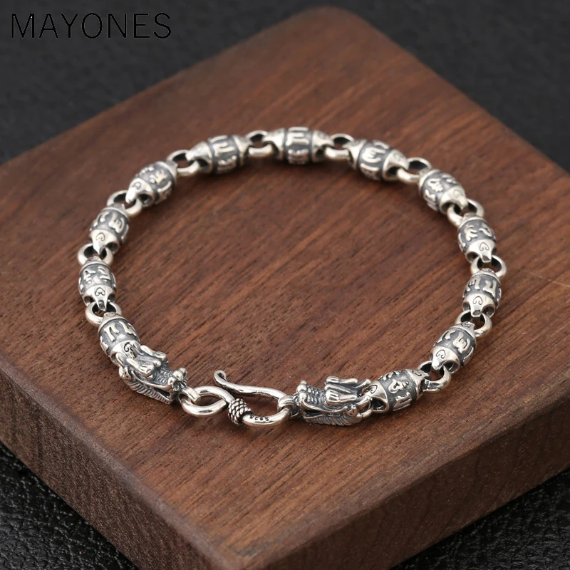 

Real 925 Sterling Silver Double Dragon Head Men Bracelet Vintage Punk Thai Silver Six Word's Mantra Bracelets Fine Jewelry Gifts