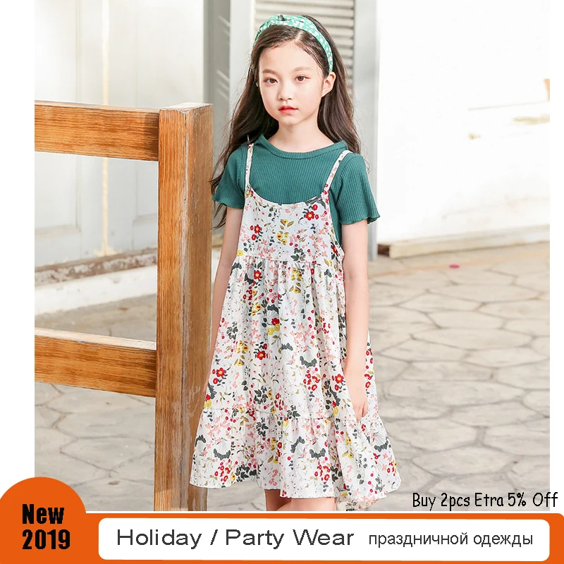Little Girls Dress Suits 2 pieces 4 5 6 8 10 years Sweet Floral Print Chiffon Sundress Summer Holiday Beach Wear Kids Clothes | Детская