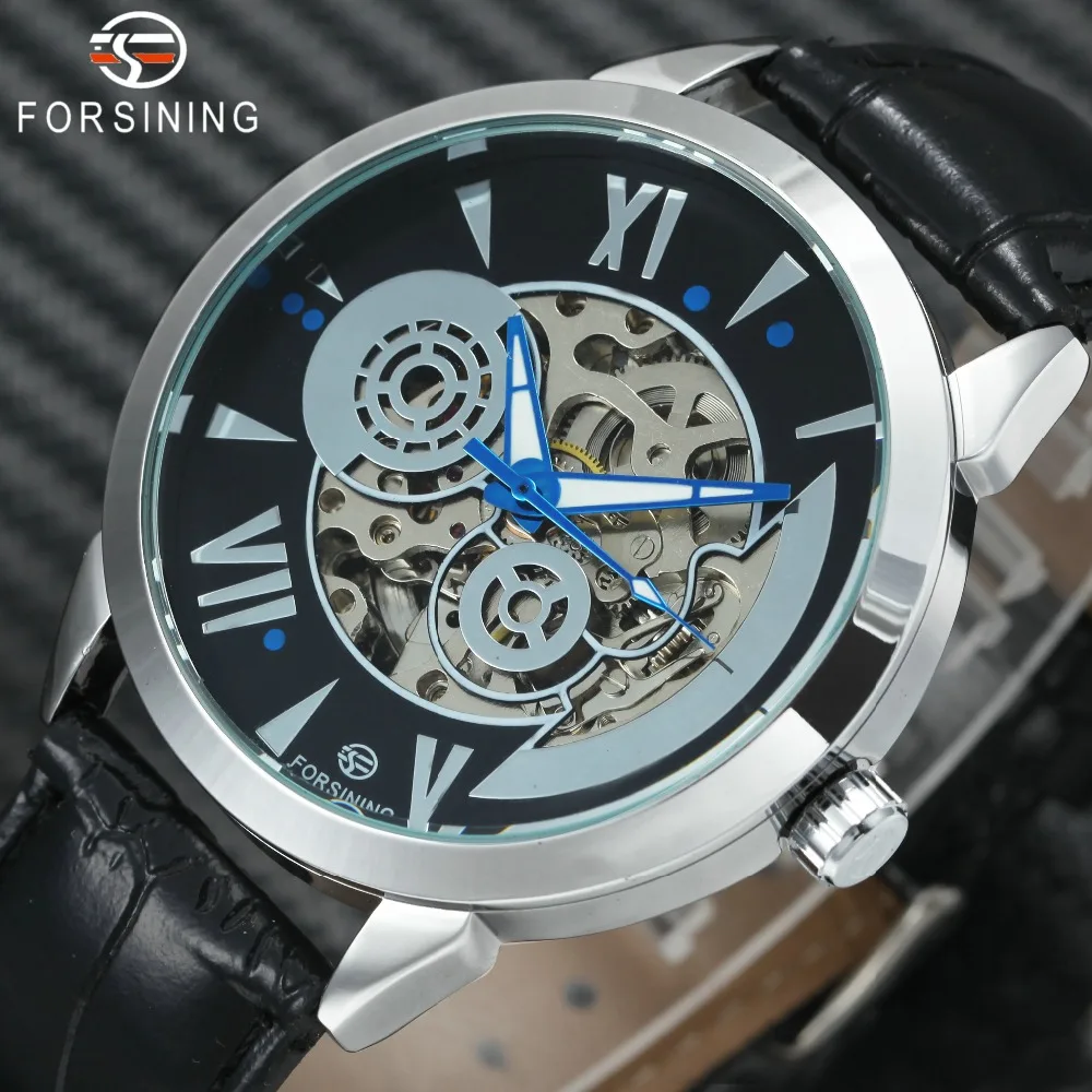 

FORSINING Fashion Creative Skeleton Auto Mechanical Watch Men Leather Strap Big Roman Number Mens Watches Top Brand Luxury