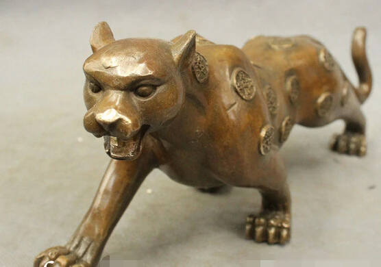 

006509 11" Chinese Bronze Copper Exorcise Evil Spirits Fierce Leopard Panther Statue