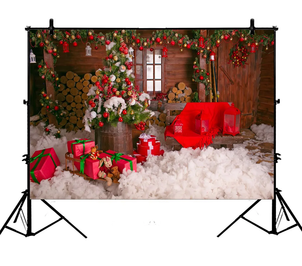 

5x7ft Wood House Christmas Red Gift Happy New Year Polyester Photo Background Portrait Backdrop