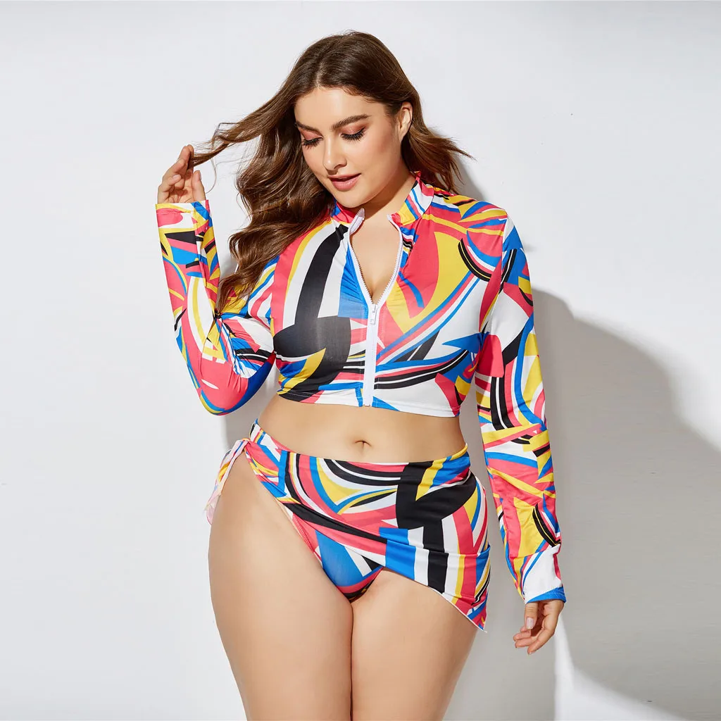 KANCOOLD Three-Piece Women's Swimwear High Waist Printing Long Sleeve Split Suit Brazilian Sexy Bathing Plus Size Swimsuit