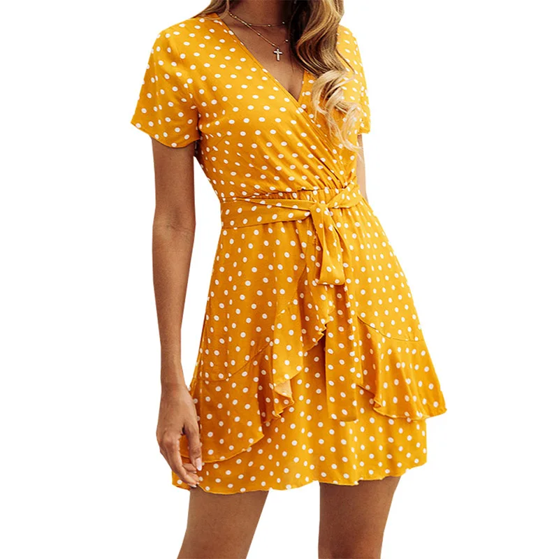 Women Ruffle Bandage Dress Boho Style Beach Dress Female Short Sleeve V-neck  Polka Dot A-line Party Dress S-XL