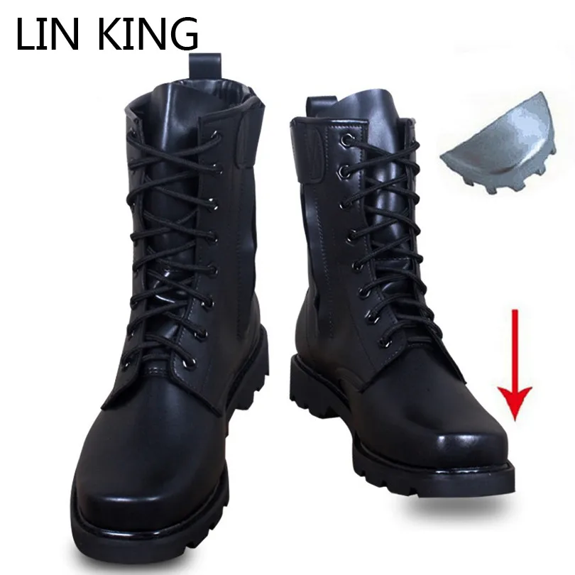 LIN KING Warm Plush Black Men Lace Up Motorcycle Boots Mid Calf Winter Shoes Steel Toe Puncture Proof Safety Man Military Boots