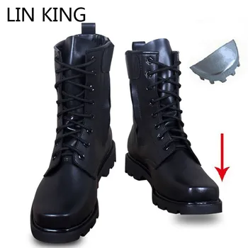 

LIN KING Warm Plush Black Men Lace Up Motorcycle Boots Mid Calf Winter Shoes Steel Toe Puncture Proof Safety Man Military Boots