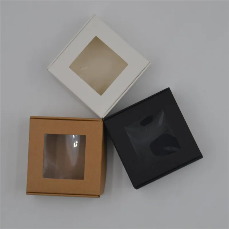 

100pcs 4 size paper cardboard gift box with plastic pvc window packing carton box for soap/jewelry/candy wedding&Party supplies
