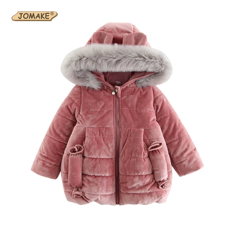 Jomake парки для девочек 2018 Новая мода Мех животных с капюшоном Зимние куртки зимний