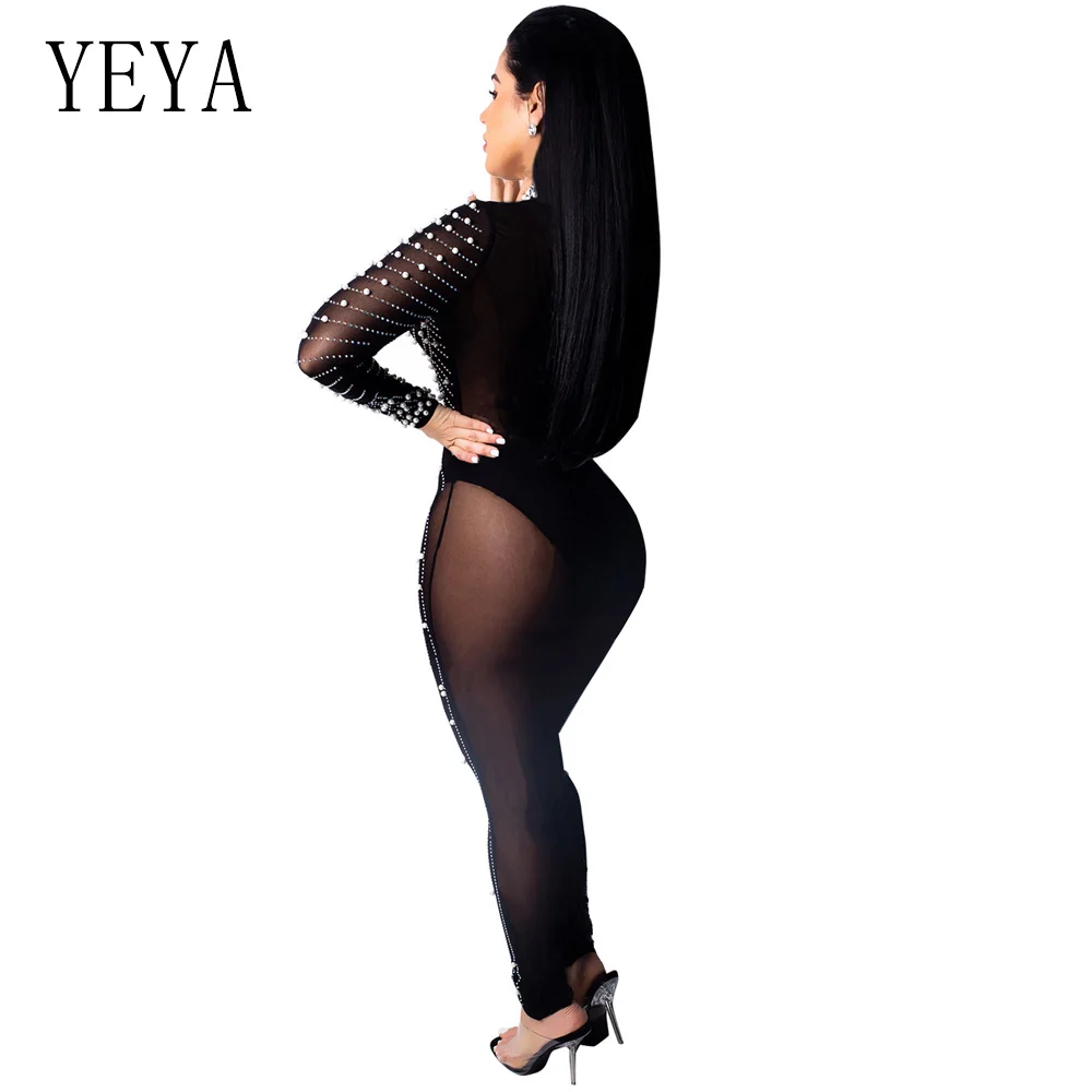 YEYA Women Beaded Embellish Sexy Overalls Black Glitter Rhinestones Mesh See Through Jumpsuit Bodysuits Elegant Party Catsuit