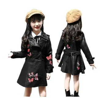 

Girls PU Leather Jacket 2019 Autumn Winter Butterfly Print Long Leather Turn-down Collar Coat Children Clothing 6 8 10 12 Year
