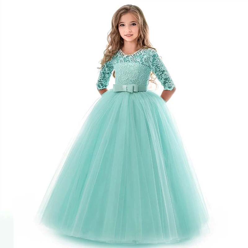 

New Princess Lace Dress Kids Flower Embroidery Dress For Girls Vintage Children Dresses For Wedding Party Formal Ball Gown 14T
