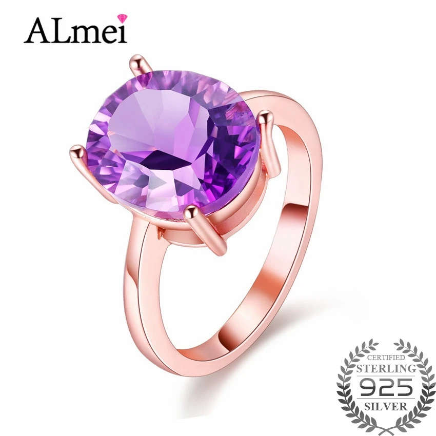 

Almei Purple Amethyst Zircon Wedding Rings 925 Sterling Silver Ring Cocktail Vintage Rose Gold Color Jewelry with Box 40% FJ039