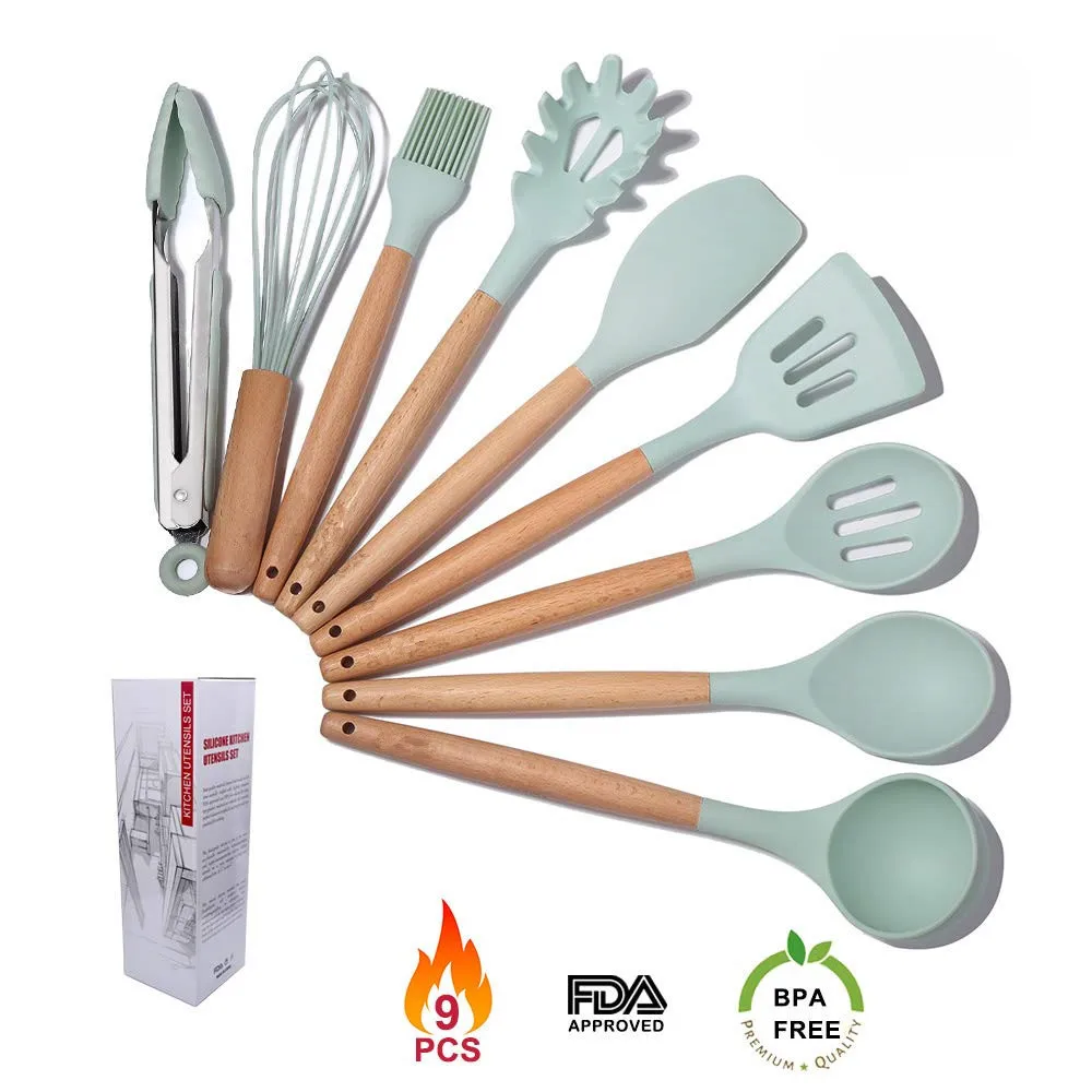 

Kitchen Utensil Set-9pcs Silicone Cooking Utensils for Non-stick Cookware Wooden Handle Spatula Spoon Tongs Turner Whisk Brush