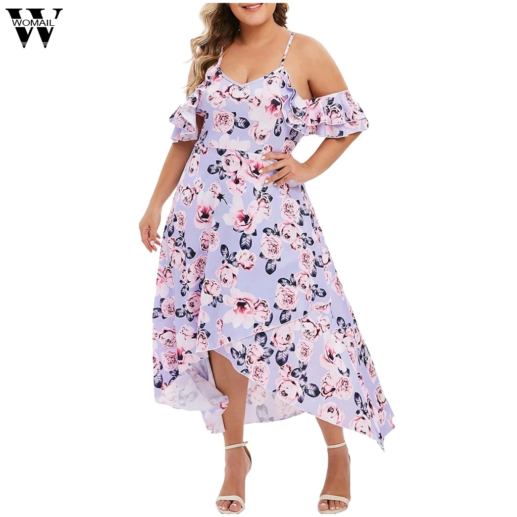 

Womail Plus Size Dresses Women's Casual Vestidos Ankle-Length Fashion Floral Print Short Sleeve Pink V-neck Dress JL22 Vestidos