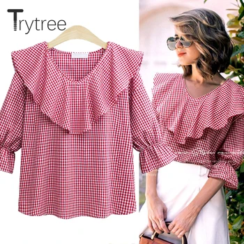 

Trytree Spring Summer Women Plaid Blouse fashion shirt Ruffles Black Tops clothes Casual Polyester Half Flare Sleeves Shirts
