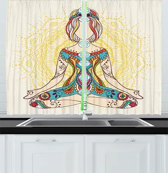 

Chakra Curtains Ornate Female on Lotus Pose Spots Points on The Body Sacred Pulses Print Art Window Decor Panels Set Cafe