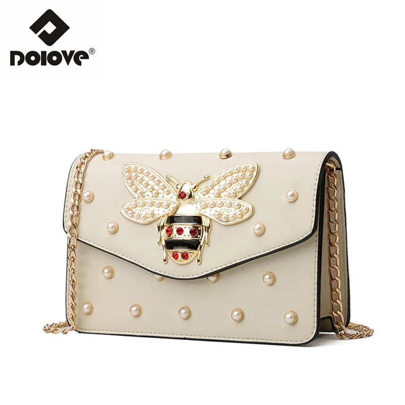 DOLOVE Fashionable pearl women's bag, bee messenger bag, single - shoulder chain bag