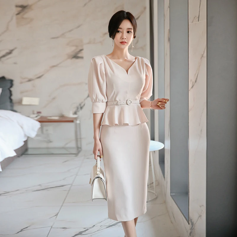 

Fashion women elegant comfortable new arrival temperament v-neck sexy basic shirt and slim pencil skirt trend 2 pieces women set