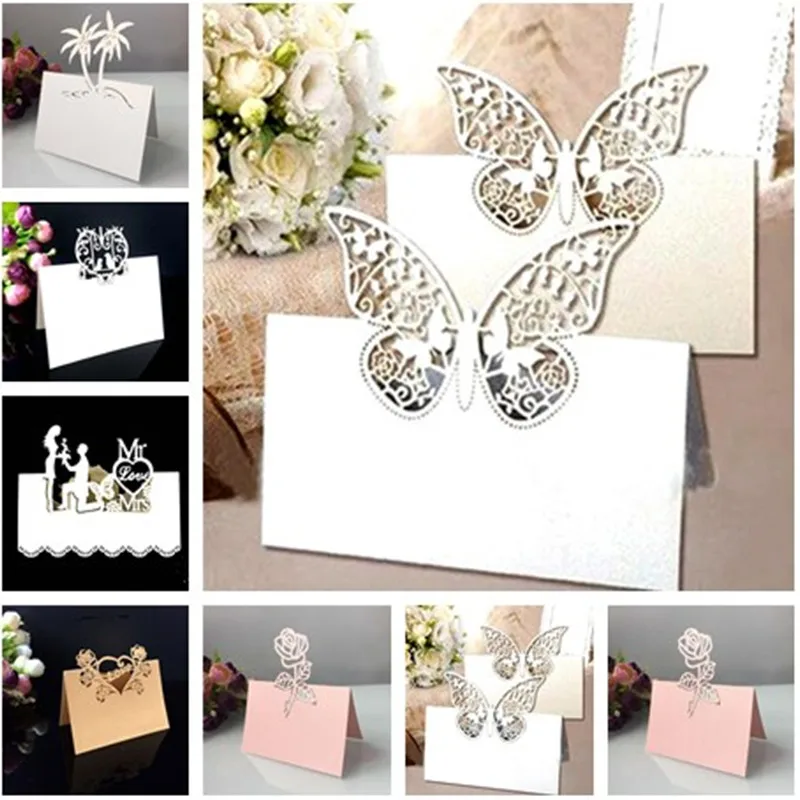 

10 Pcs Party Decor Place Cards Laser Cut Hollow Pattern Heart Shape Wedding Event Table Name Card Flower Decoupage