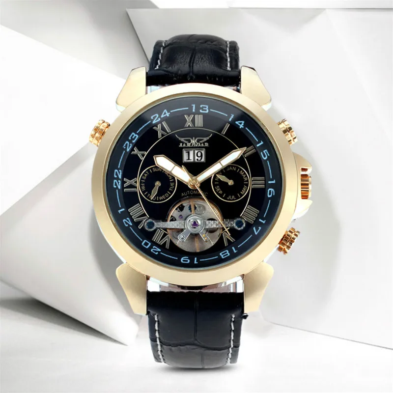 

Jargar Men Automatic Watch Leather Band Gold Dial Mechanical Wristwatches Whit Gift Box