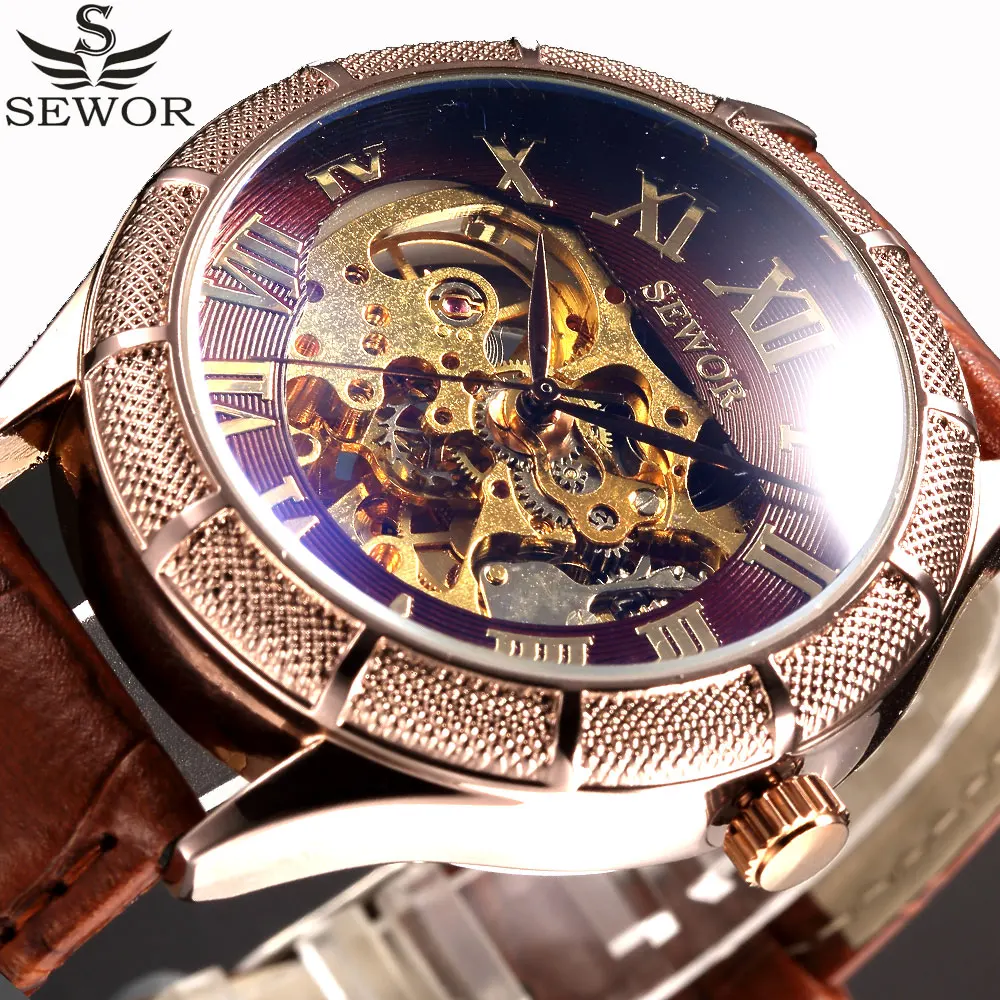 SEWOR Brand Men Mechanical Wristwatch Relogio Coffee Leather Band Analog Skeleton Stainless Steel Case Automatic Self Wind Watch | Наручные
