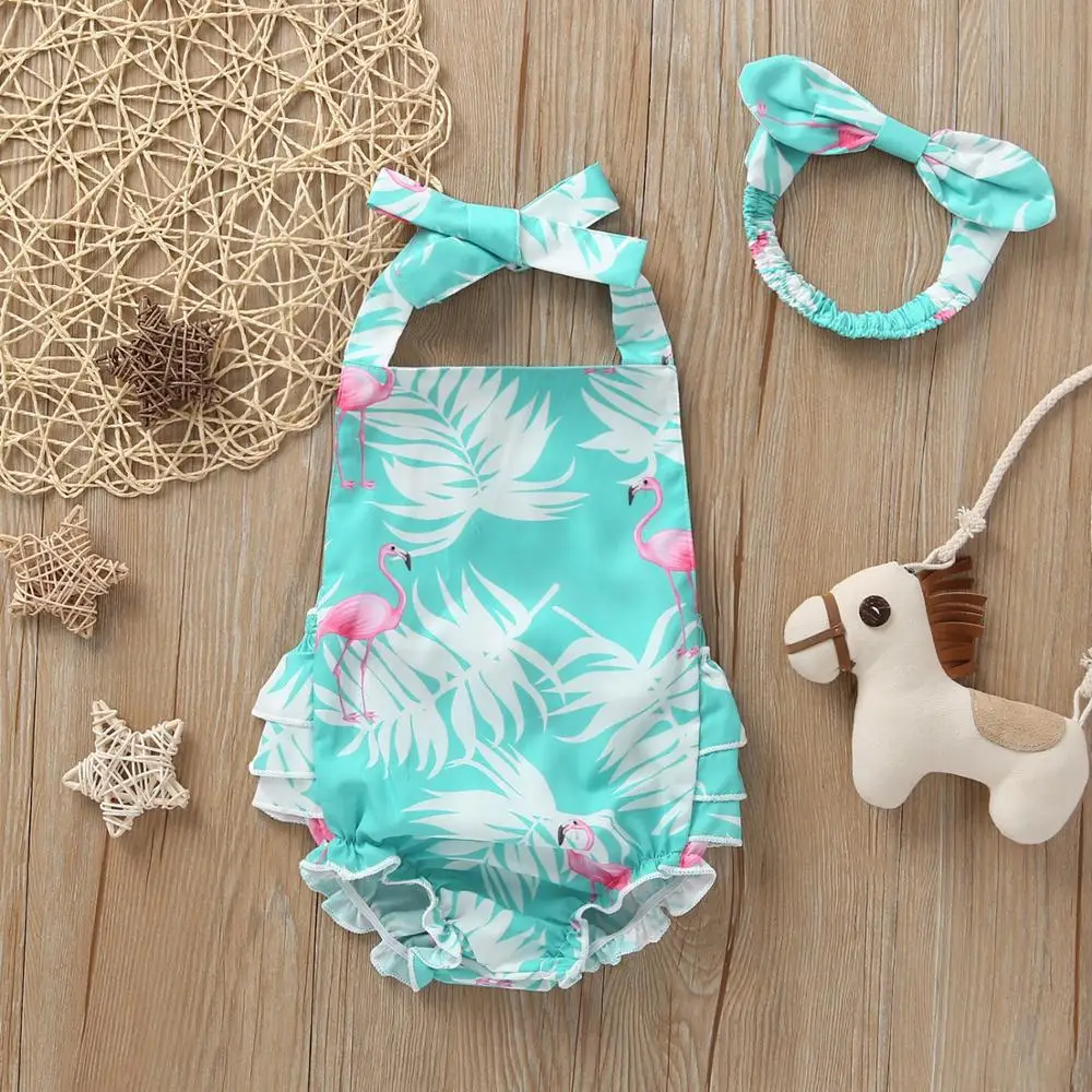 

Cute Newborn baby girl clothes Bodysuit jumpsuit + headband 2pcs sleeveless Hanging neck Flamingo print Infant Backless rompers