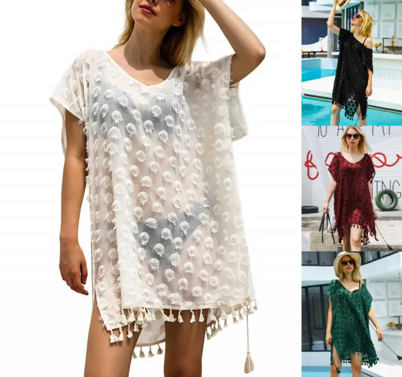 

2019 Sexy Women Hollow Out Floral Lace Hook Crochet Beachwear Cover-ups Long Sleeve Deep V-neck Set Coverups Beach Dress Female