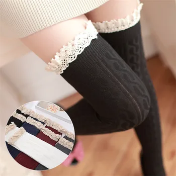 

1 Pair Twist Cotton Knee High Socks Spring Autumn Lace Edged Thigh High Stocking Black White Gray Burgundy Blue Colors Available