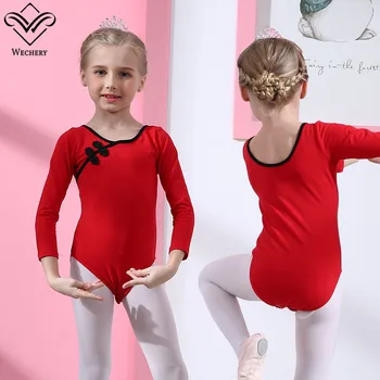 

Wechery Leotard Ballet Dance Wear Chinese Vintage Sleeve Dancing Costume for Girls Kids Gymnastic Bodysuits Red Blue Green Pink