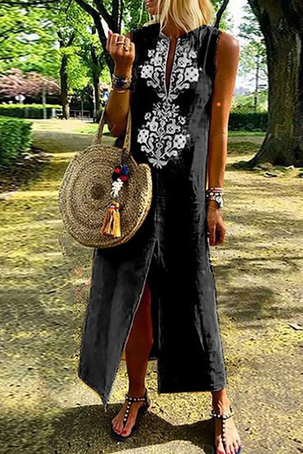 Black-Sleeveless-Casual-Slit-Geometric-Summer-Dress-LC611109-2-2