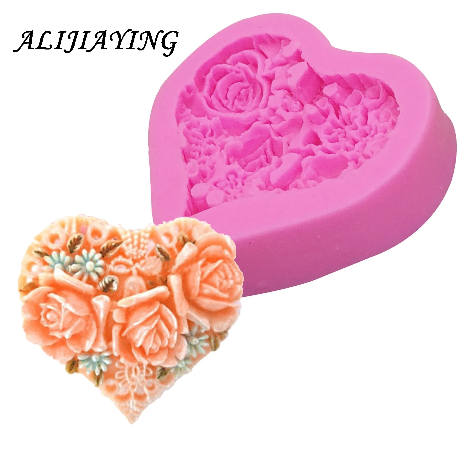 3D Rose Flower Bouquet Loving Heart Shape Valentine's Day Gift Present Fondant Cake Mold Silicone Sugar Chocolate D0085