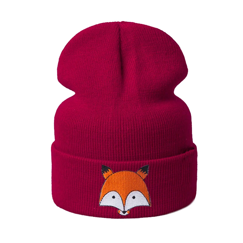 REAKIDS/зимние детские вязаные шапочки для детей; Хлопковые вязаные шапки для девочек и мальчиков; шапочки; теплая шапка с лисой; модные шапочки; детская шапка - Цвет: bright red