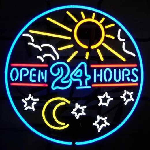 NEON SIGN open 24 hours sun moon day REAL GLASS BEER BAR PUB display