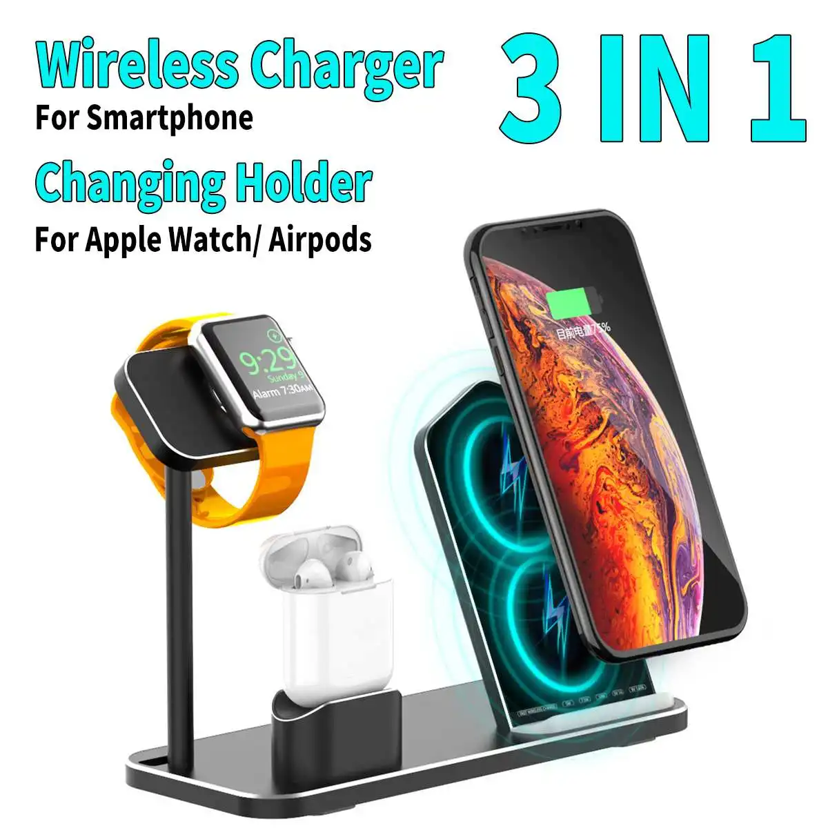 

Aluminium 3 In 1 10W Qi Wireless Charger Dock Station Cellphone Stand Holder For iPhone for Samsung for Apple Watch for-AirPods