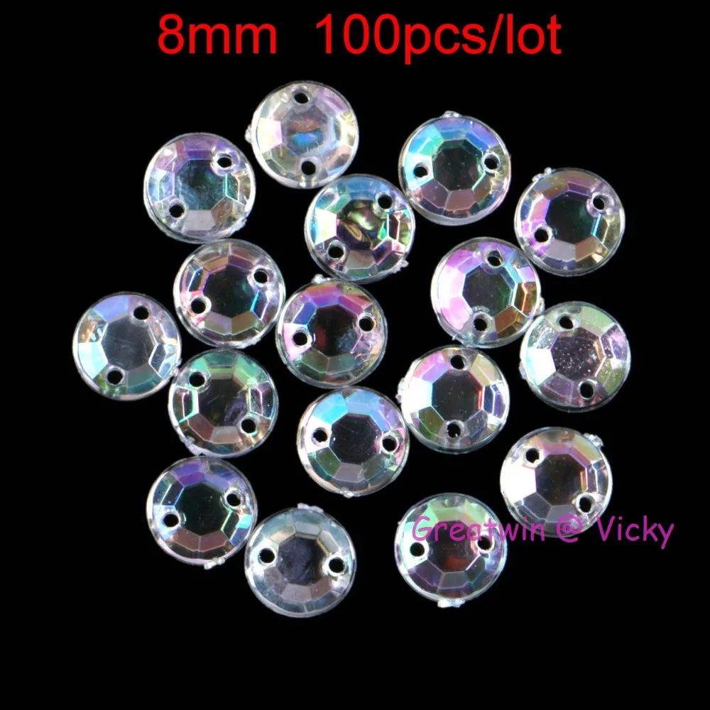 8mm Round Clear Crystal AB Flatback Sewing Beads Acrylic Sew On