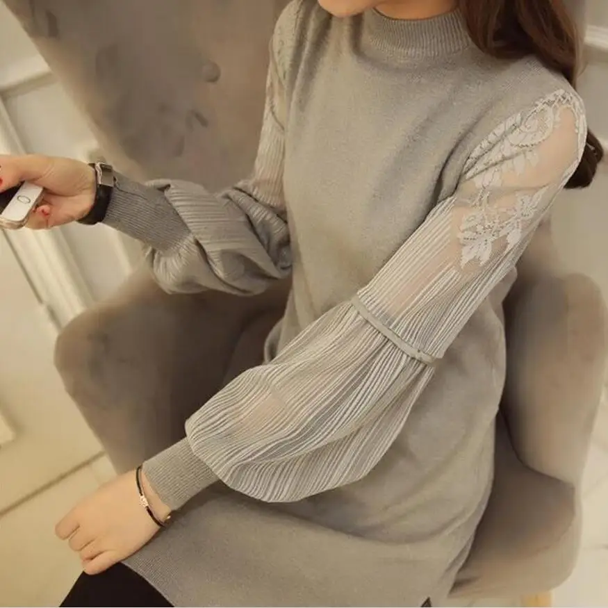 

New sexy slim lace stitching women dress retro Lantern Sleeve Dress long section knitted sweater dress Winter spring dress