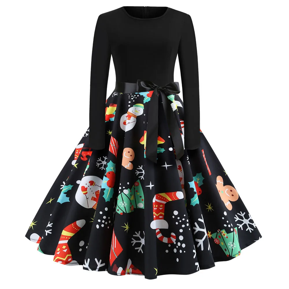 

Women Elegant Christmas Dress Long Sleeve Print Vintage Belt Party Dress Floral Black Autumn Winter Bodycon Dresses Vestidos A30