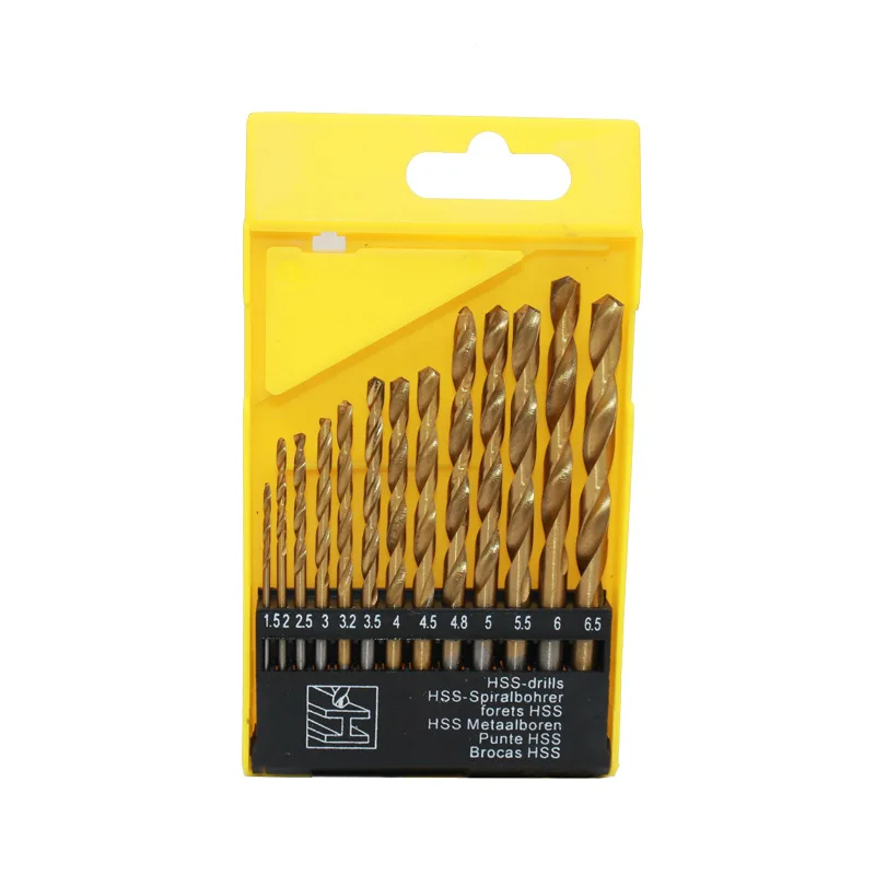 

Titanium coated 13pcs 1.5 to 6.5mm Round Shank HSS Twist Drill Bit Set for wood working tool