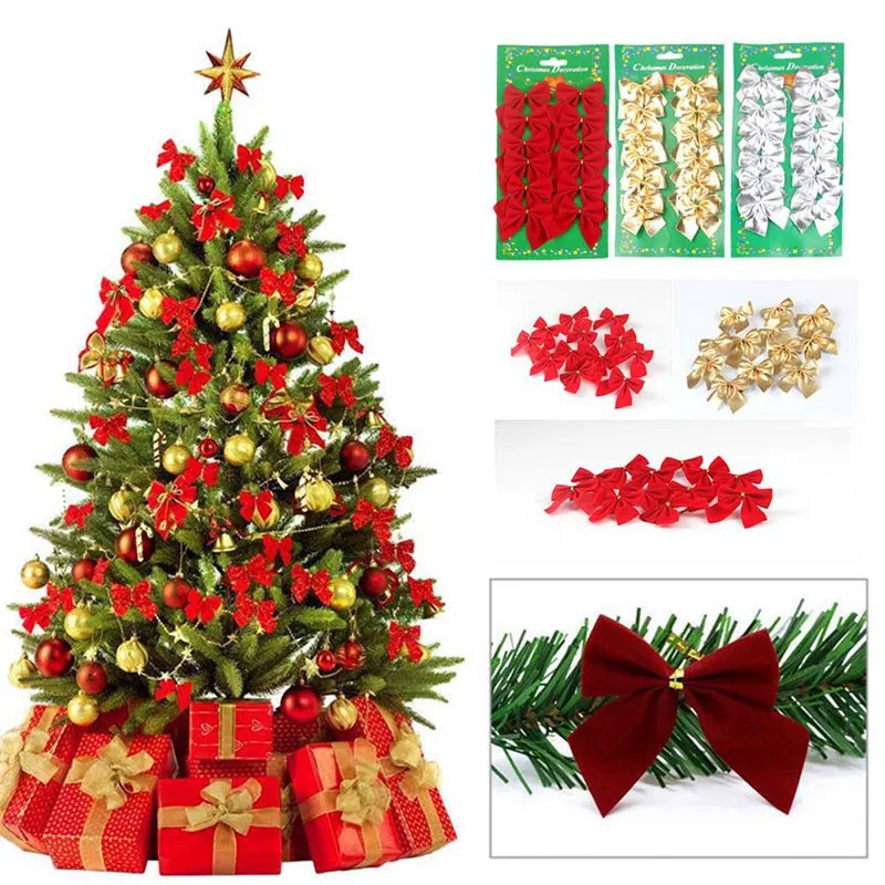 

12pcs Gold Silver Red Pretty Bow Tie Christmas Tree Decoration Xmas Ribbon Bows Festival Pendant Home Bowknots Baubles New Decor